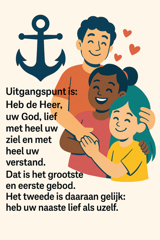 Illustratie van diverse kinderen die samen staan en elkaar vasthouden, met een anker als symbool van hoop en geloof. De afbeelding verwijst naar de Bijbeltekst over God liefhebben en je naaste liefhebben.